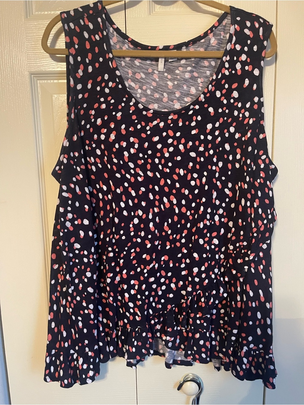 Cato Black Tank Top with Pink and White Dot Print and Ruffle Hem